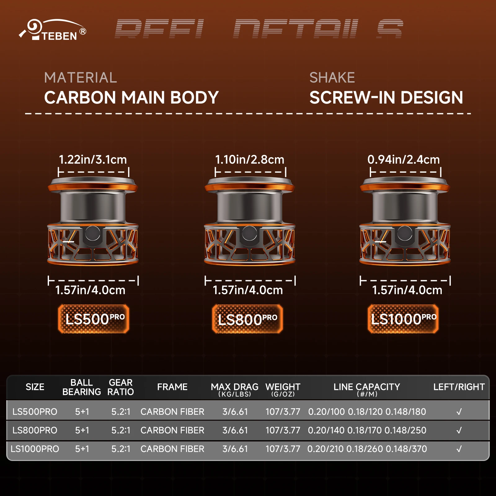 TEBEN ألياف الكربون لهب خفيفة الوزن 109 جرام الصيد الغزل بكرات 5 + 1BB 6.61Lbs ماكس السحب 5.2:1 نسبة التروس خفيفة للغاية لصيد الأسماك