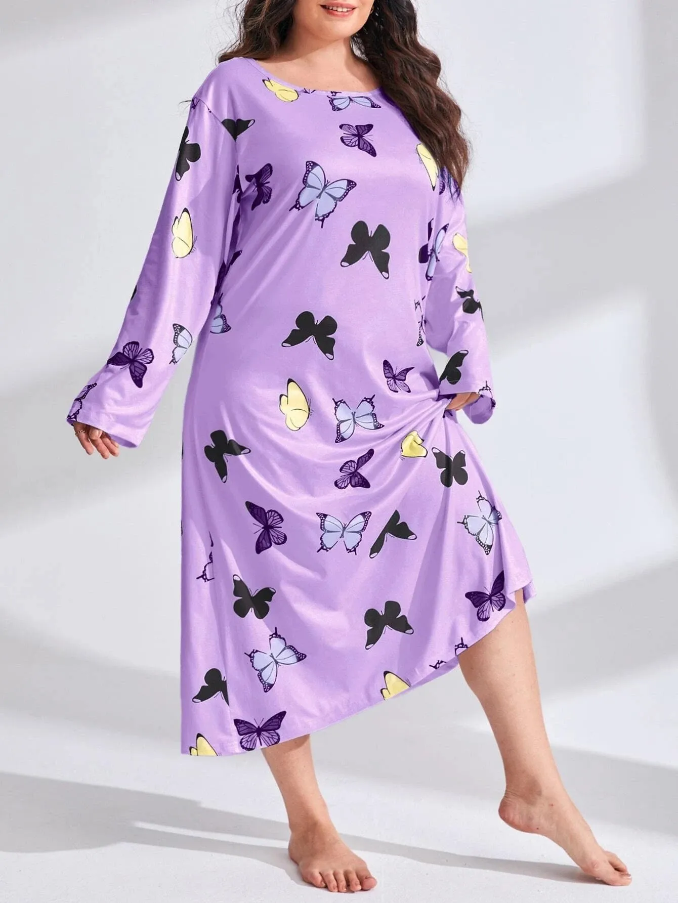 Women\'s 1XL-5XL Plus Size Long sleeved butterfly heart leopard print drop shoulder oversized long sleepwear dress