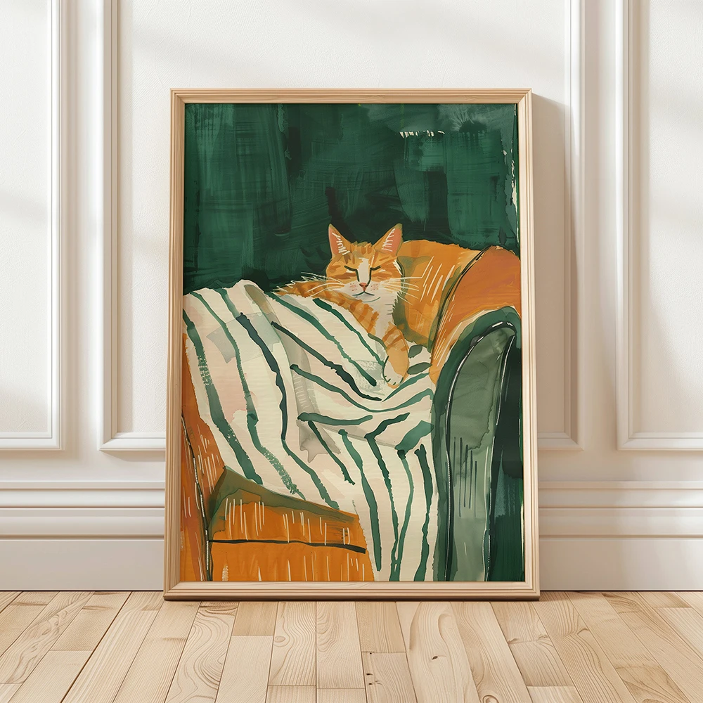 Emerald Green Abstract Stripe Woman Sleeping Poster Modern Minimalist Female Canvas Painting Wall Art Picture Living Room  Decor