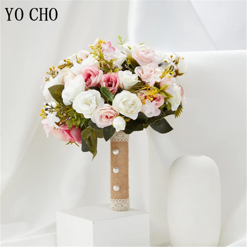 Bride Wedding Bouquet Bridesmaid Holding Flors Pink Roses Artificial Flower White Bridal Bouquet Wedding Decoration Accessories