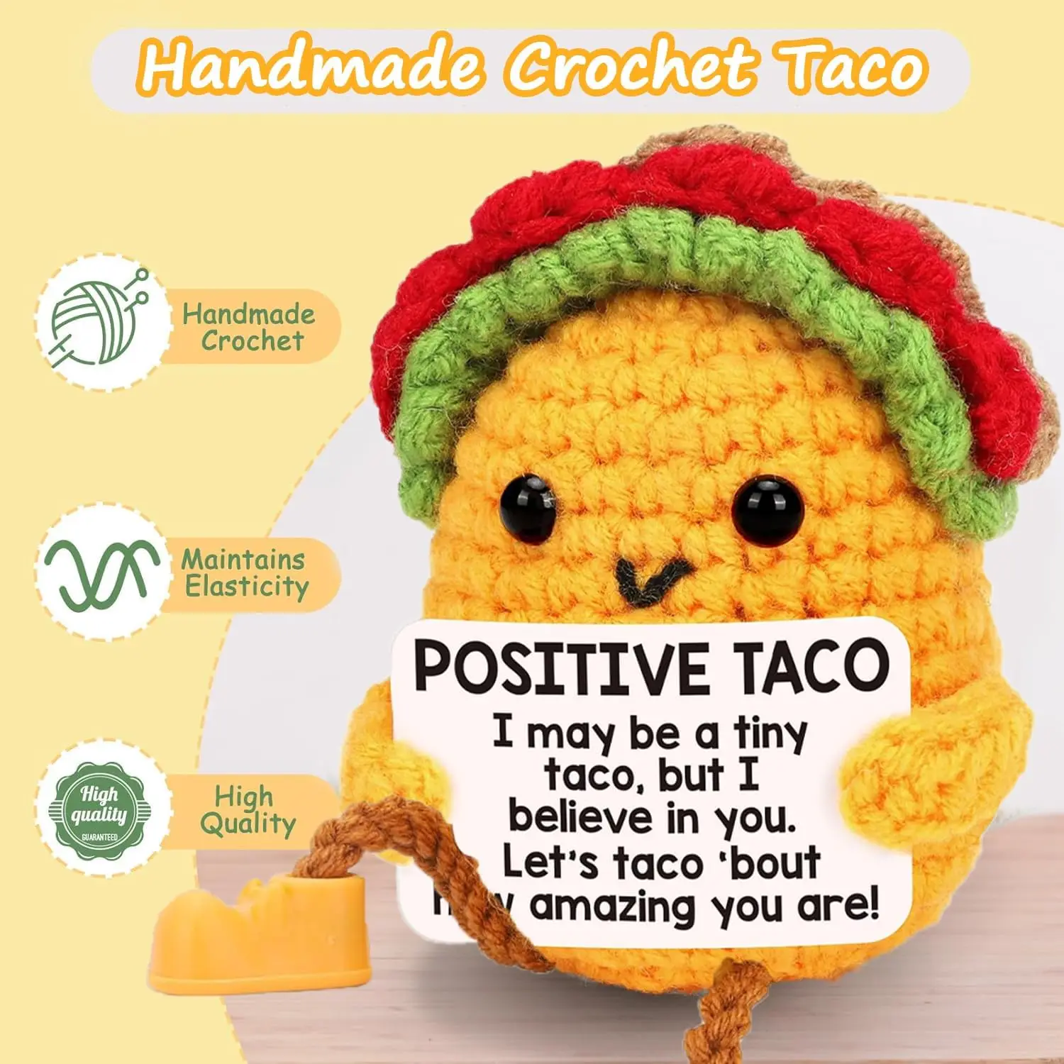 Muñeco Taco de soporte positivo inspirador de ganchillo con cuna, decoración de la habitación del hogar, divertido adorno de escritorio de Taco tejido hecho a mano