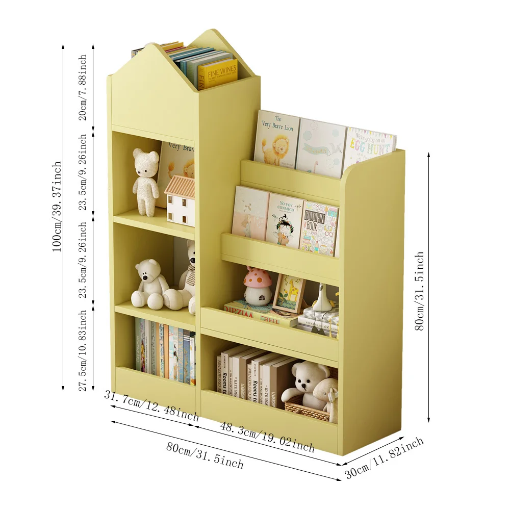 Organizzatore di stoccaggio per giocattoli da scaffale in legno giallo per bambini con libreria, unità di stoccaggio per bidoni per bambini con 6 scomparti 2 cestini contenitori giocattoli