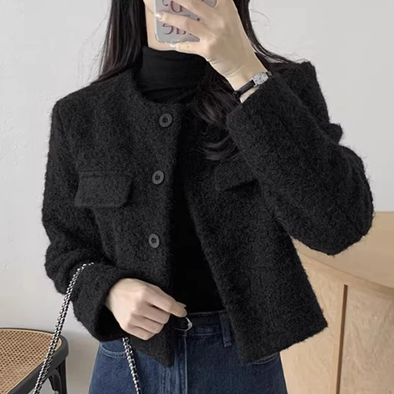 KUSAHIKI Korea Chic Autumn Sweet Elegant O-neck Single Breasted Causal Solid Long Sleeve Cardigan Short Coat Women Solid Jackets