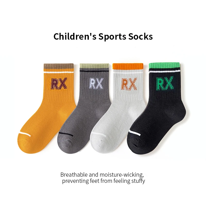 

4 Pairs Cotton Combed Kids Boys Sports Socks Letter RX High Quility Elastic Causal Soft Cozy Sweat Absorbing Half Socks for Boys
