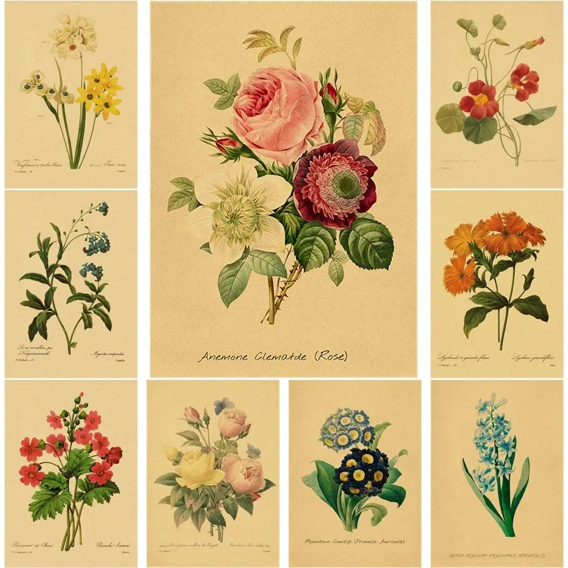 33 Kinds of Flowers Illustrations Retro Poster Prints Vintage Rose Aesthetic Home Room Cafe Bar Kitchen Art Wall Decor Painting