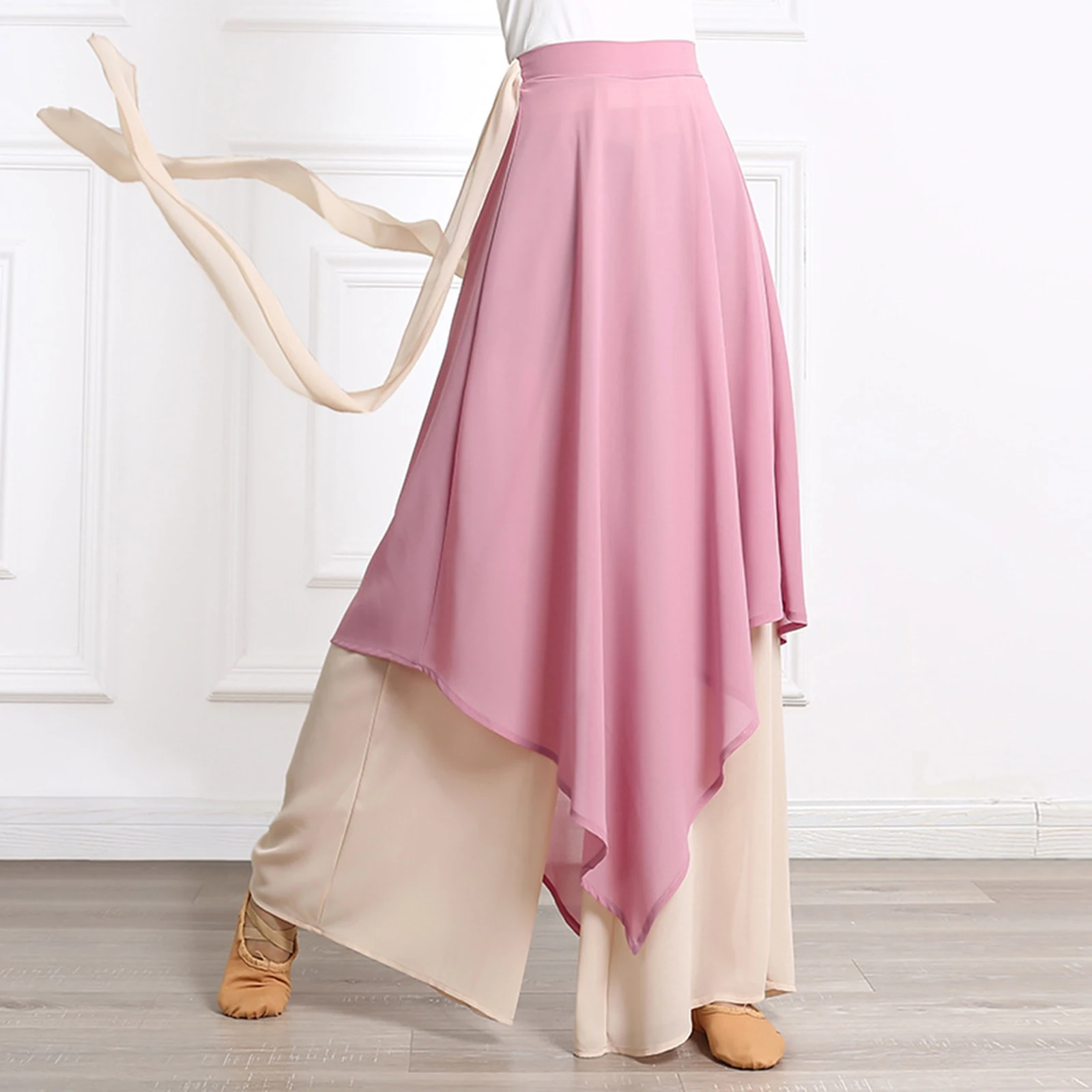 Jupe-culotte en mousseline de soie pour femme, pantalon à jupe irrégulière, jambe large, pratique de la danse classique, entraînement, performance