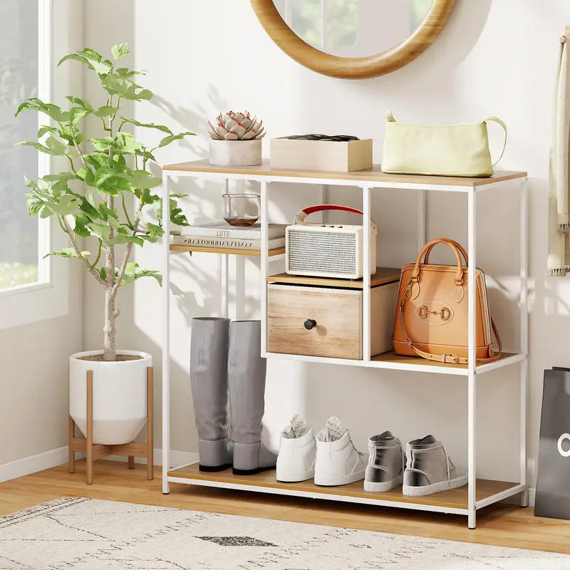 

40 Inch Console Table Behind Sofa Couch with Storage-Natural