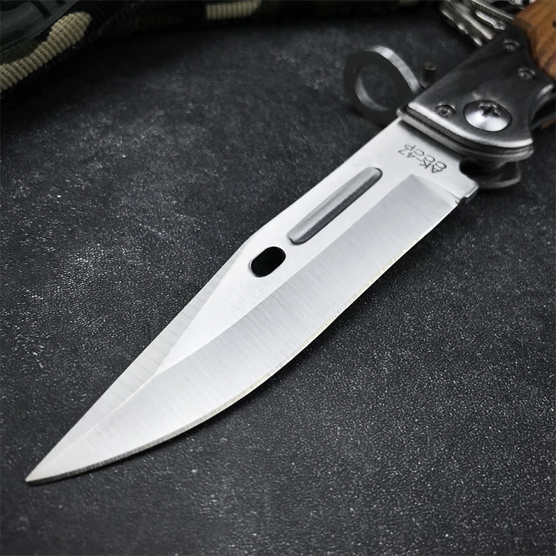 Small M9 folding knife, convenient hunting self-defense steel+colorful wood handle fishing gift hiking collection folding knife