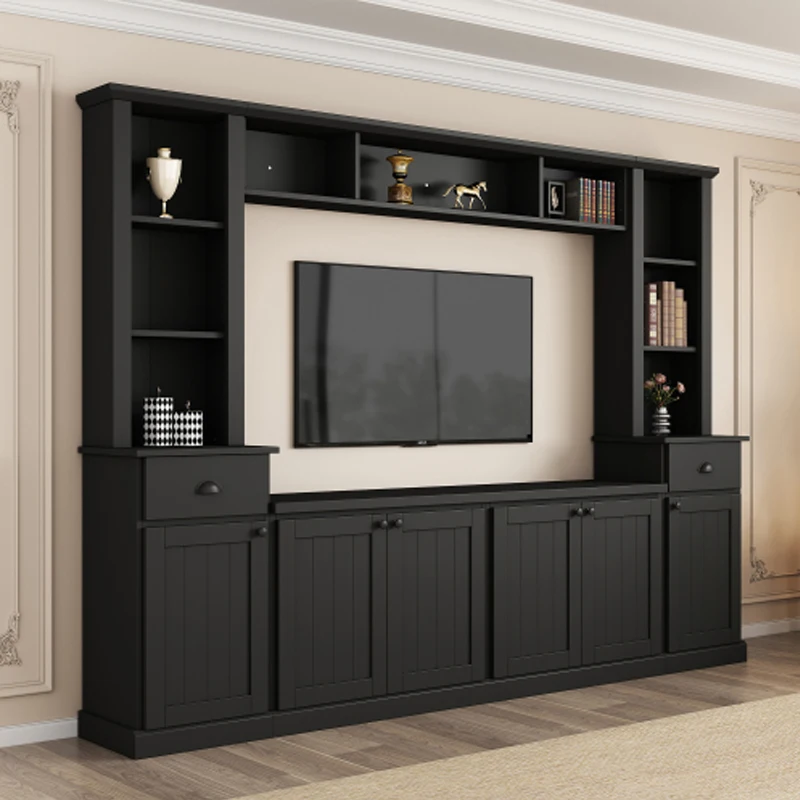 ON-TREND Minimalist Entertainment Wall Unit Set with Bridge for TVs Up to 75'', Ample Storage Space TV Stand, Black