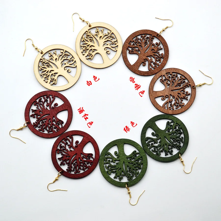 Real Wood Tree of Life Earrings Wooden Yggdrasil Spirital Amulet Ear Drop Hyperbole Round Dangle Casual Healing Woman Jewelry