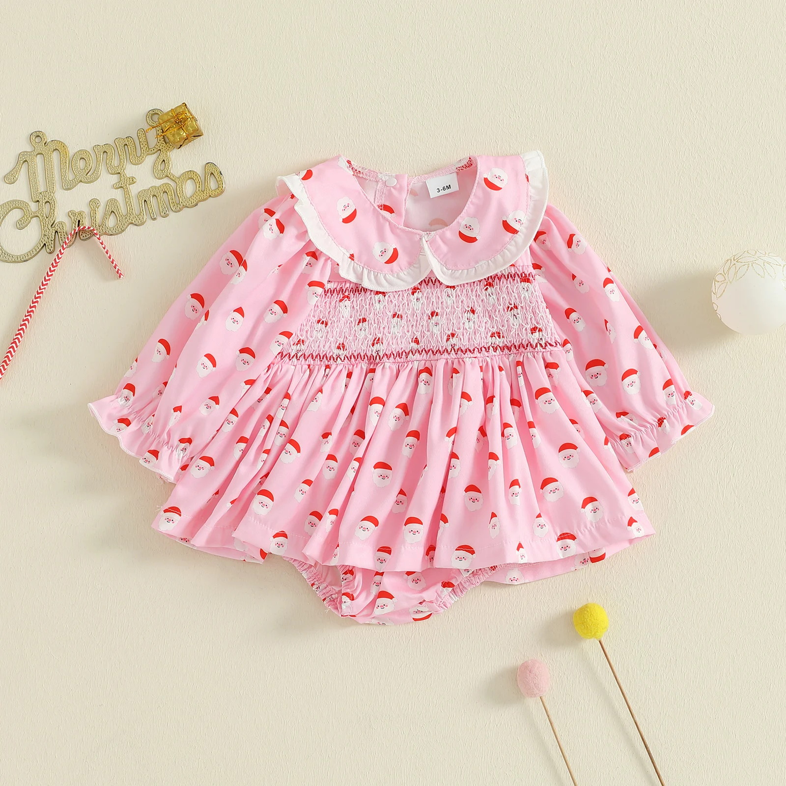 

Tregren 0-18M Baby Girl Christmas Romper Dress Santa Print Long Sleeve Doll Collar Smocked Bodysuit Cute Winter Fall Clothes
