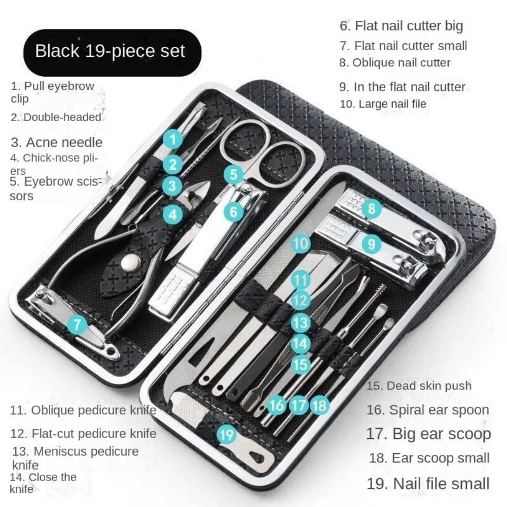 

19Pcs Creative Stainless Steel Nail Clippers Set Home Foot Trimming Manicure Kits Beauty Leather Sleeve Nail Sanding Tool Gift