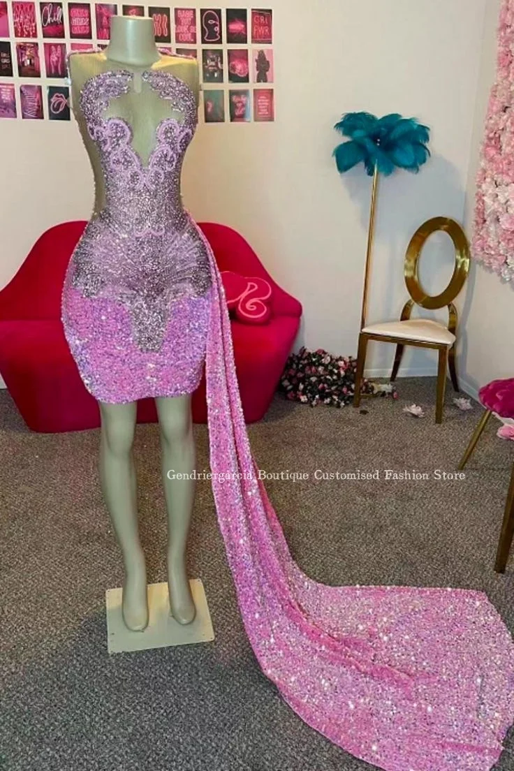 Luxury Pink Diamante Short Prom Cocktail Dress 2024 Elegant Inlaid Sequins With Side Train שמלה סקסית לארוע לערב אמא של כלה כלה