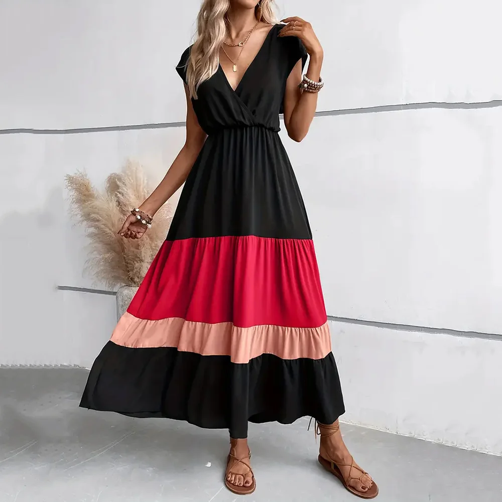 Black Color Block Short Sleeve V Neck Pleater Long Dress Women Summer Casual Polo Collar Flowy Maxi Dresses Vacation 2024 Wear