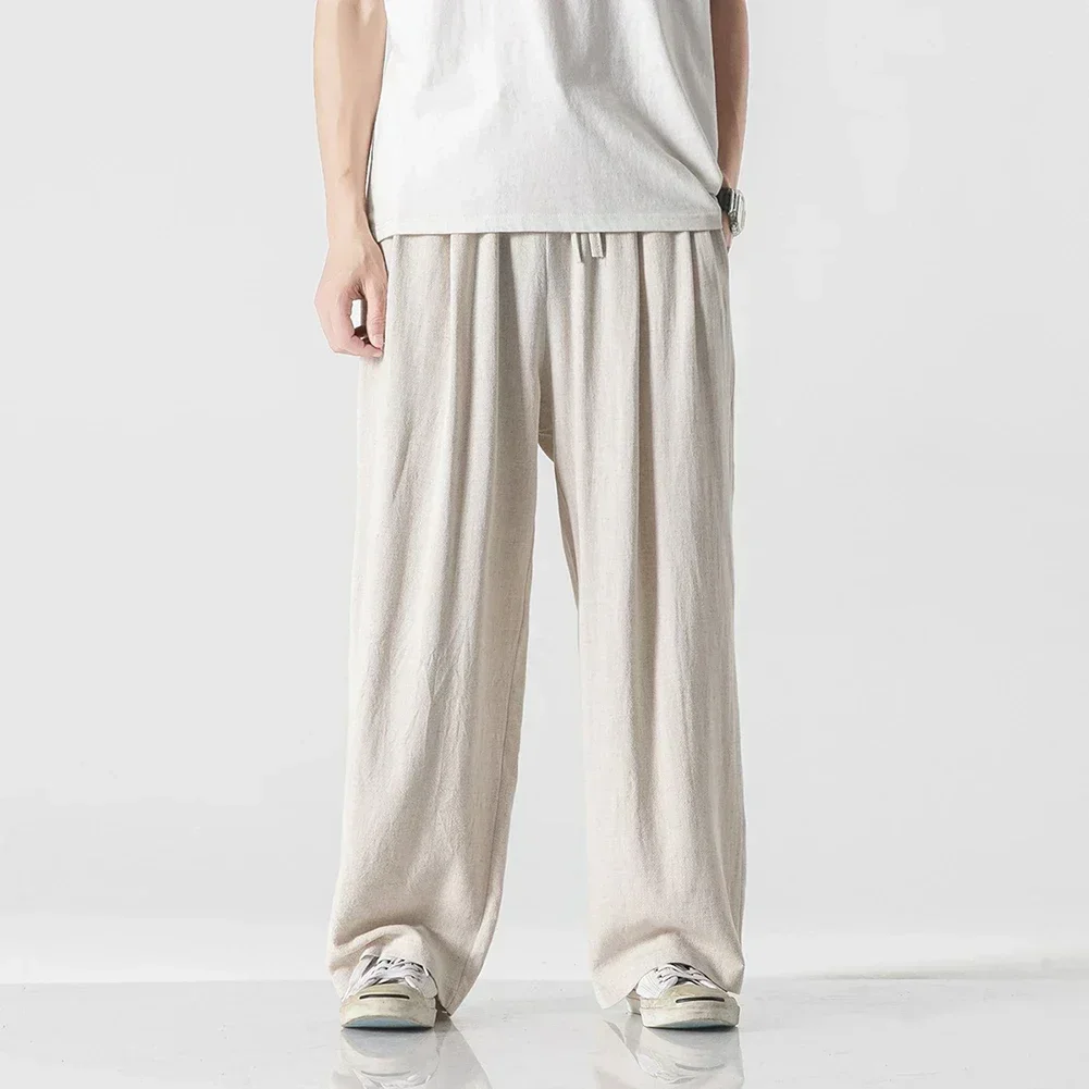 

Men's Chinese Style Draped Cotton Linen Straight Pants Solid Color Wide Leg Pant Male Sports Casual Trousers