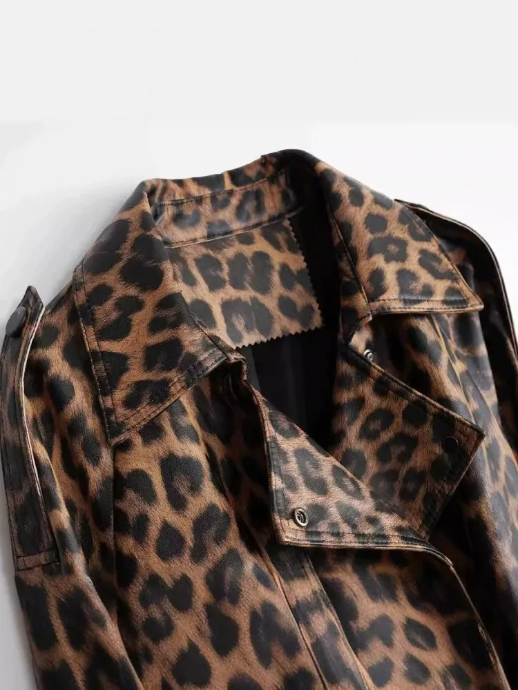 Jaket Kulit Asli Wanita Motif Leopard Musim Gugur Musim Dingin Berkualitas Tinggi, Mantel Kulit Domba Asli Panjang Sedang, Jaket Windbreaker Slim Fit