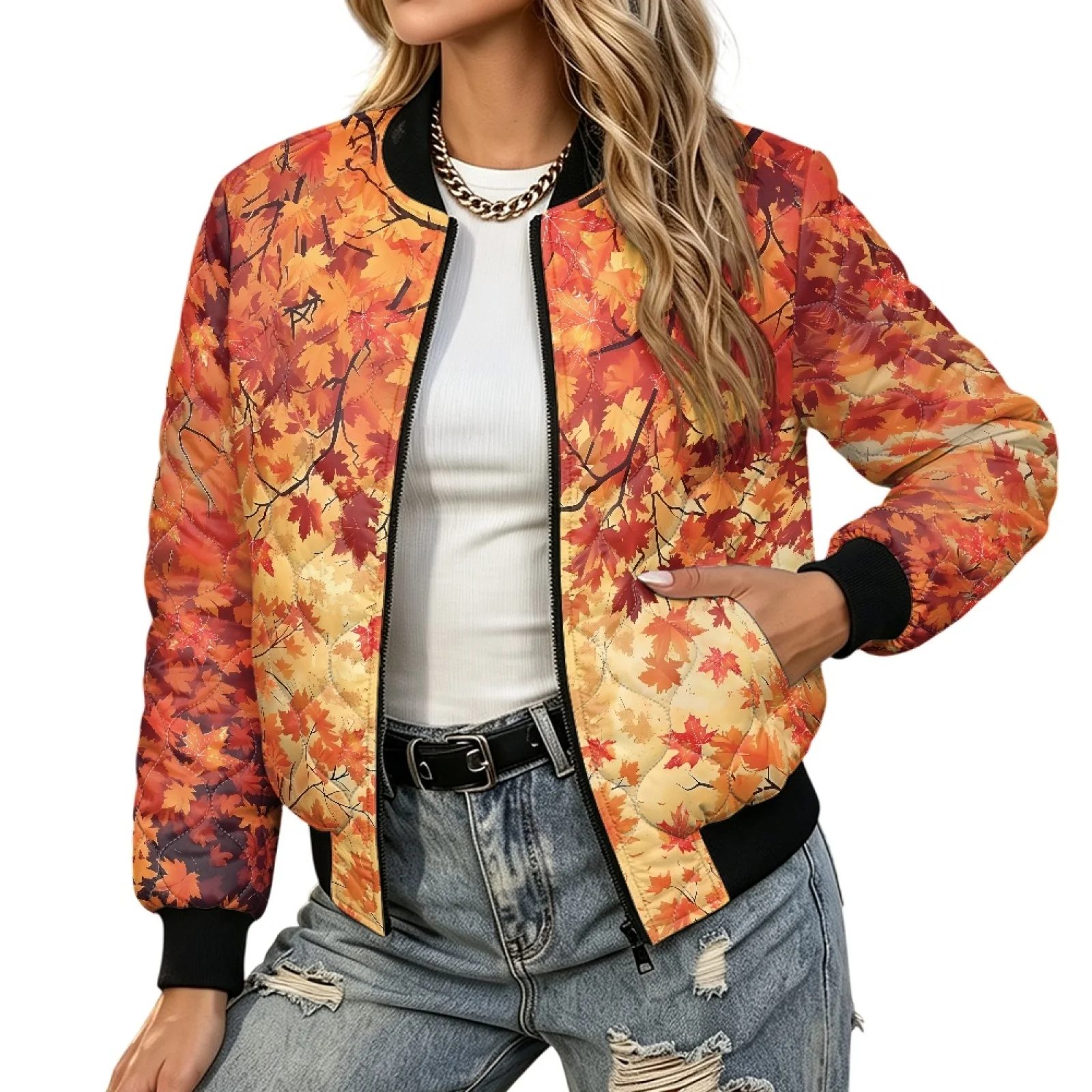 PENSTROLL Maple Leaf Womens Fall Lightweight Quilted Padded Outer Coat Cozy Quilted Jackets for Work