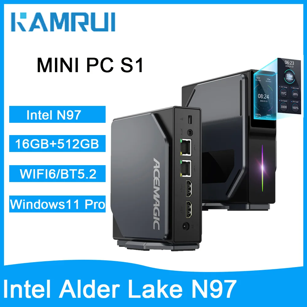 KAMRUI كمبيوتر صغير S1 N97 16GB DDR4 512GB M.2 SSD كمبيوتر صغير مع W11 PRO WiFi6 BT5.2 4K كمبيوتر مكتبي صغير العمل كمبيوتر الأعمال