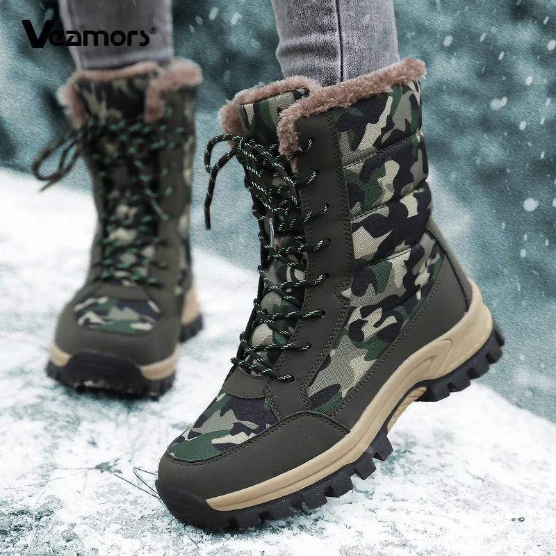 Women Camouflage Plush Snow Boots Warm Wear Resistant Ankle Boots Windproof Outdoor High-top Cotton Shoes for Hiking Walking