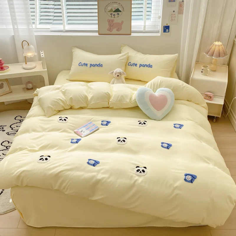 1PC Solid Color Washed Cotton Duvet Cover Queen Size For Double Bed Cartoon Towel Embroidery 200x220cm 이불커버 (Without Pillowcase)