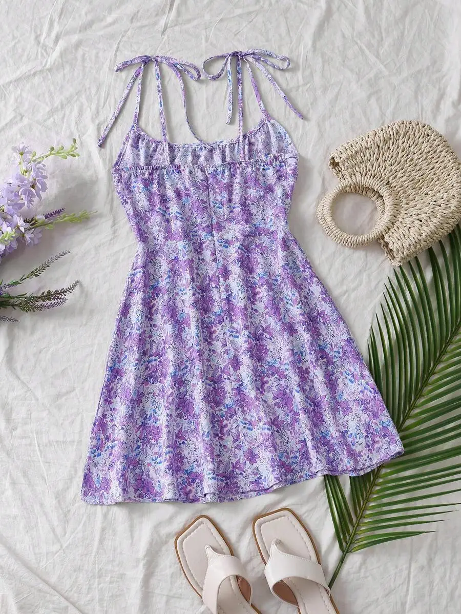 Women's Floral Print Pleated Bust Slip Dress Mini Short Outfit For New Year's Clothes Fashionable Elegant Women's Apparel view 2