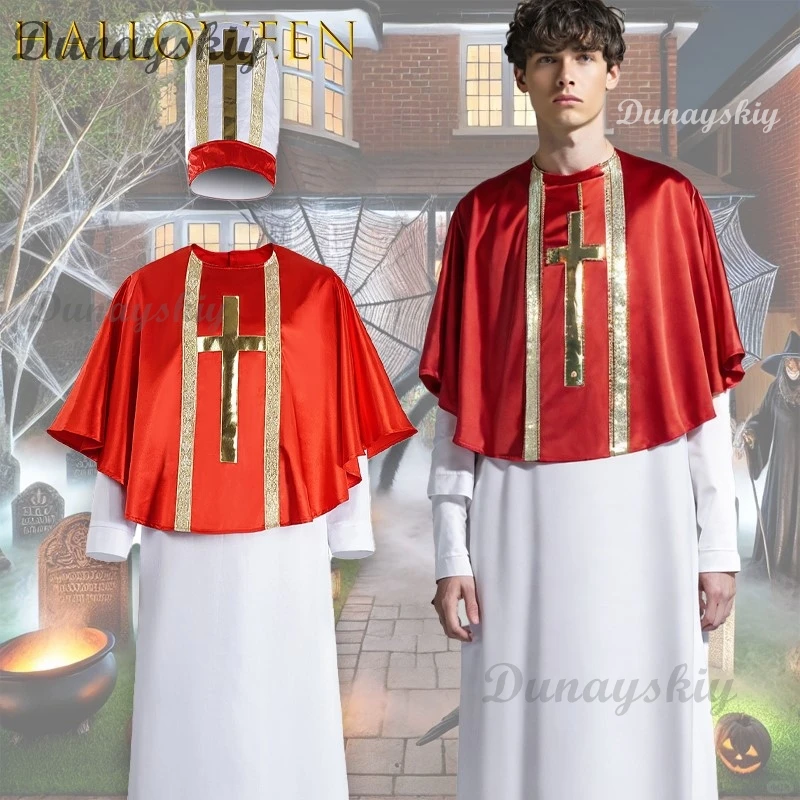 

AMedieval Priest Robe Cosplay Red Cape Set Halloween Stage Performance Coser Outfit Role Play