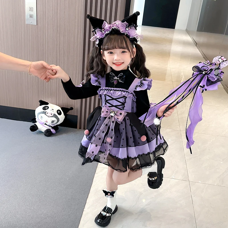 

Sanrio Cosplay Kuromi Lolita Princess Dress Spring Autumn Children'S Costume Dress Puffy Skirt Suit Girl Halloween Gift Cute