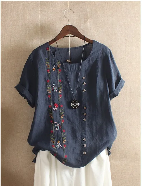 2024 Summer Female Cotton Linen Shirts Short Sleeve Vintage Floral Embroidery Long Loose Women\'s Blouse Casual Lady Top S-5XL