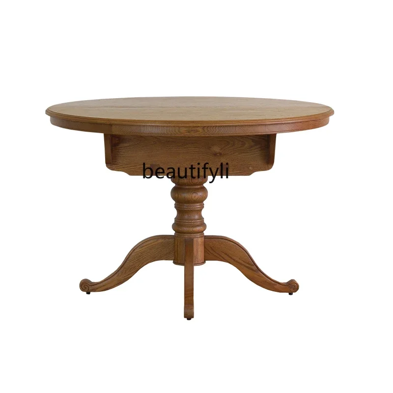 

American country all solid wood retractable dining table retro oak retractable living room round table