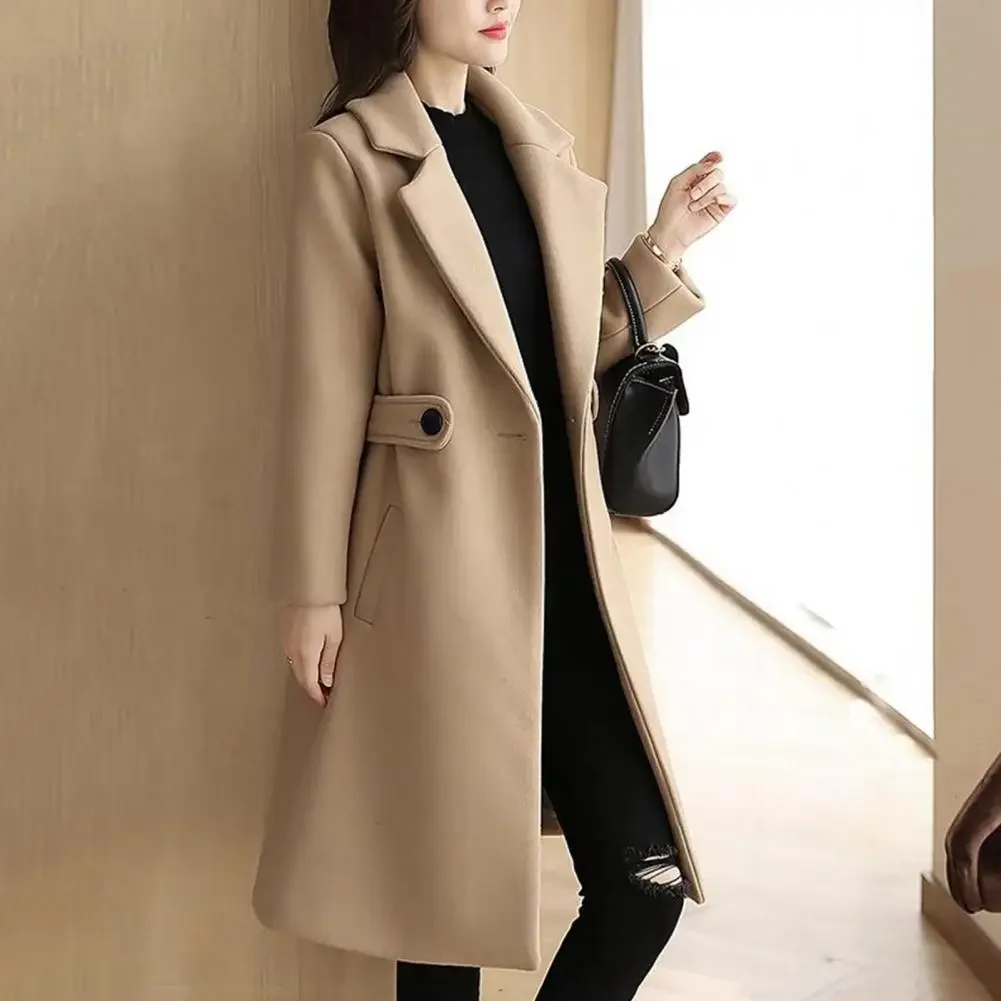 

Women Overcoat Stylish Mid-length Women's Overcoat with Belted Button Closure Turn-down Collar for Fall Winter Season Thick