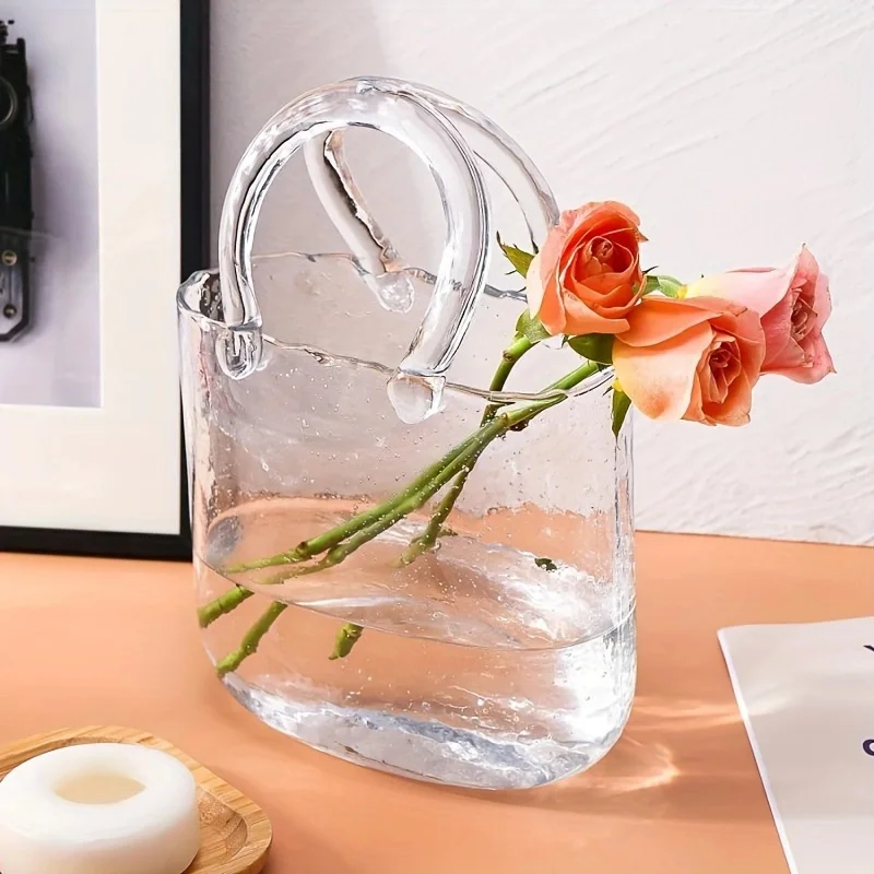 Clear Glass Vase Fish Tote Bag Flower Handbag Bag Vase Desktop Centerpiece for School Office Bedroom Holiday Decoration