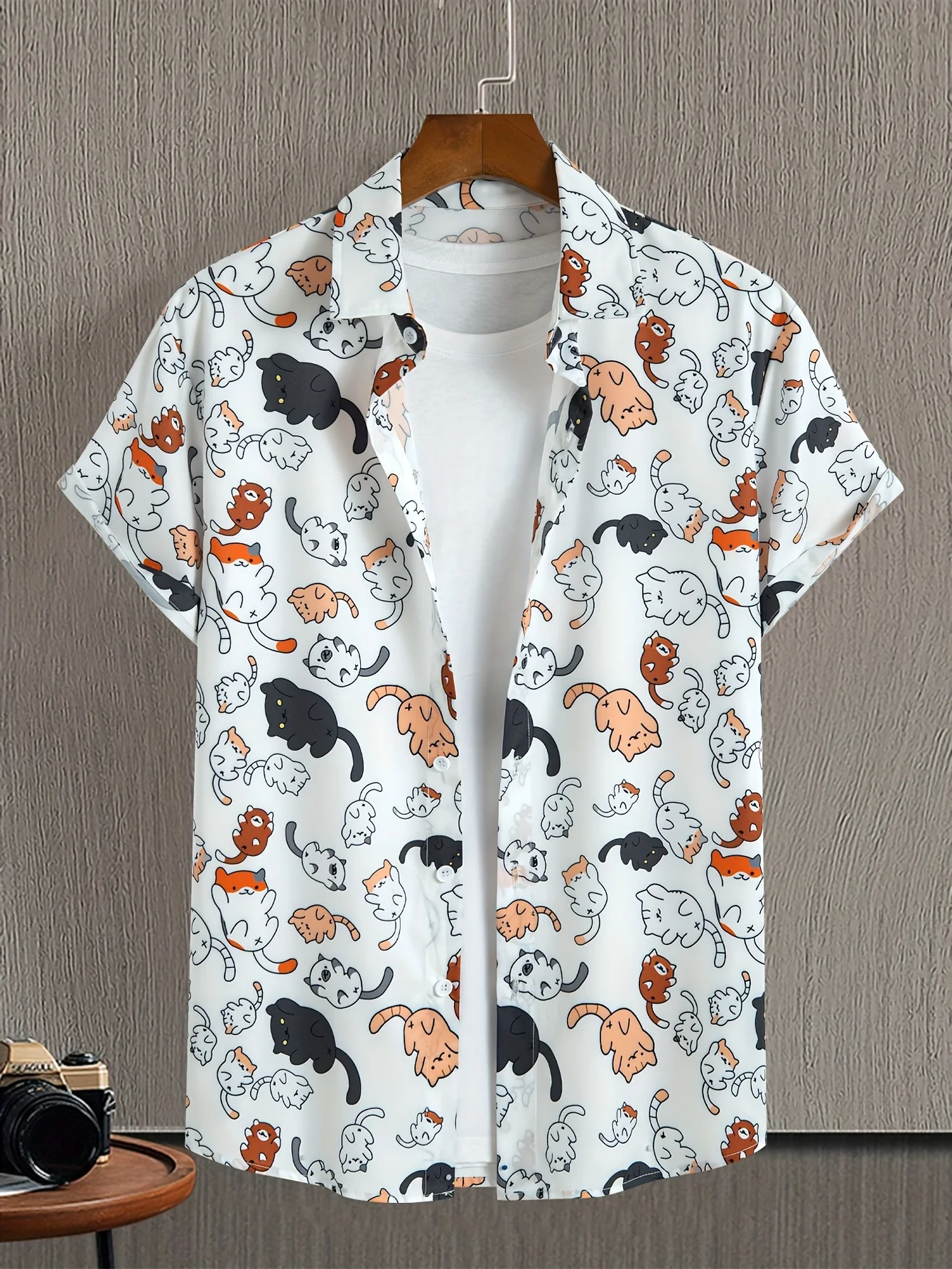 Camisa de manga curta com estampa de gato bonito havaiano, confortável, adequada para férias de verão na praia, casual, moda masculina