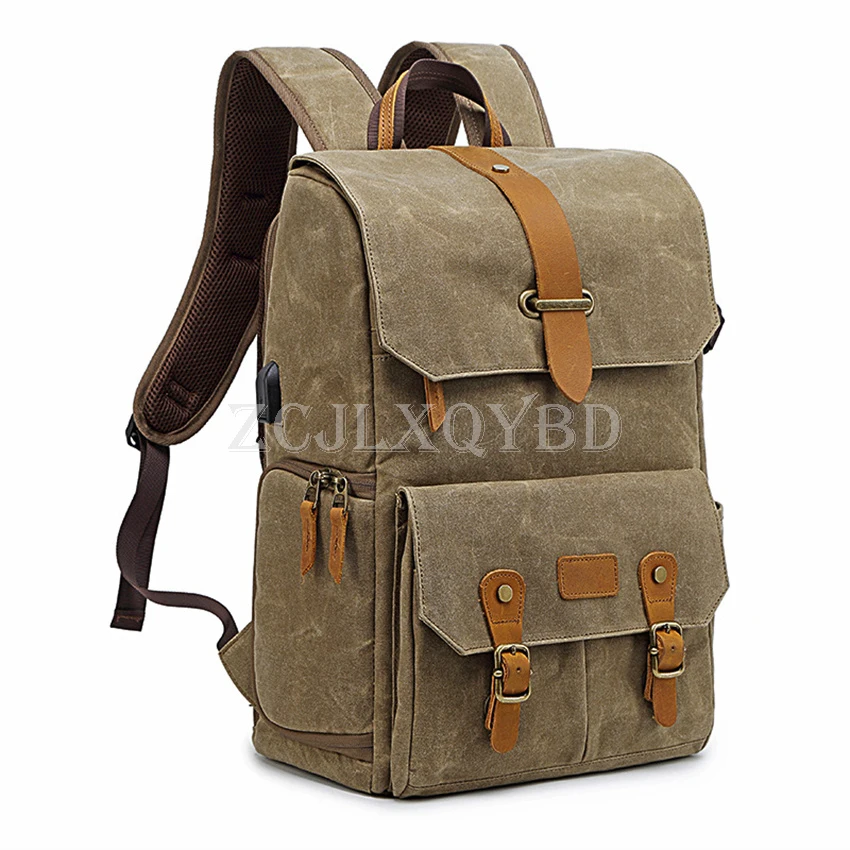 Photography Retro Waterproof Batik Canvas backpack w USB Port fit 15.6inch Laptop Men Camera Bag Carry Case for Canon Nikon DSLR