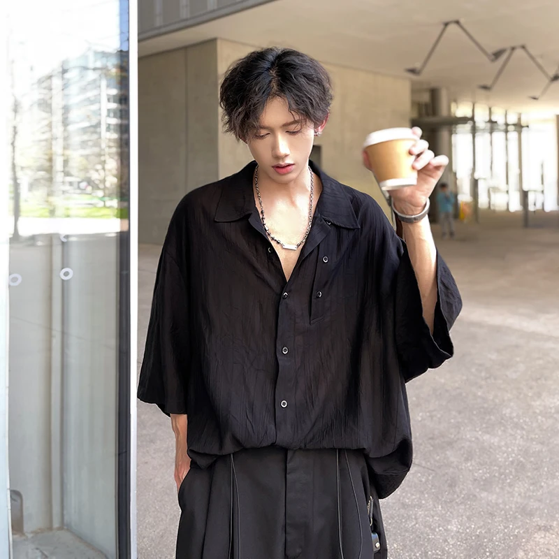 

Men's Casual irt Design Sense Texture Batwing Sve Turn-down Collar ort Sve Anti-wrinkle Loose Fit Faion Urban Sle