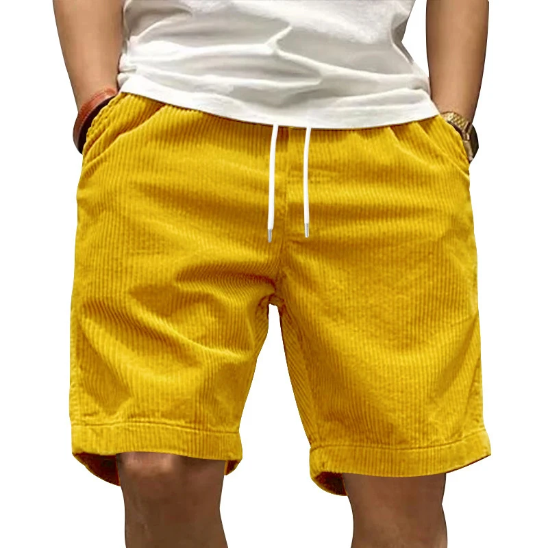 New Casual Mens Corduroy Solid Color Shorts Summer Leisure Loose Straight Drawstring Shorts For Men Fashion Lace-up Beach Shorts