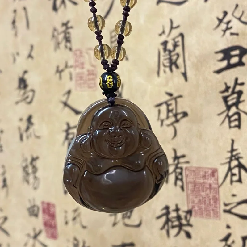 

Natural Black Obsidian Pendant Type Black Obsidian Maitreya Buddha Smiling Buddha Necklace Natural Necklace