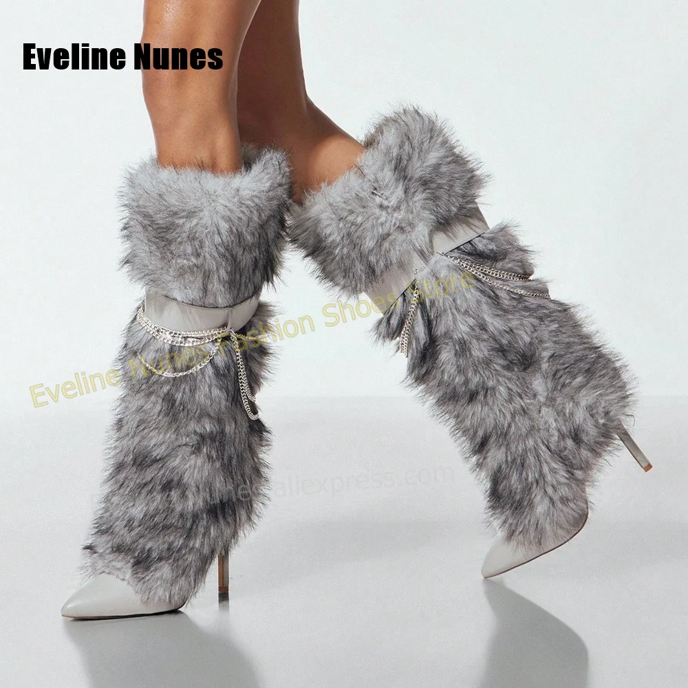 Botas altas hasta la rodilla, de estilo moderno Y2K, con pelo suave y decoración de cadena, ideales para un look urbano y a la moda, con detalles de patchwork y un toque sexy.