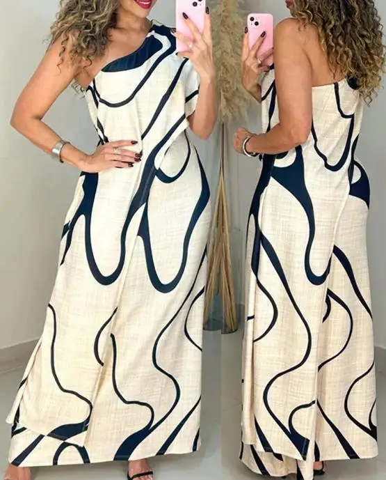 Vestido largo ajustado con un hombro y estampado abstracto para mujer, ropa de mujer, nuevo estilo, informal, de imitación, con abertura de dos piezas
