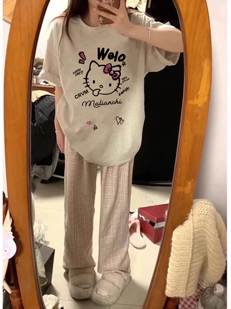 

2026 Summer Hello Kitty Tongue Out Doodle Print T-Shirt for Adults & Kids, 100% Cotton Y2K Aesthetic Oversized CuteTee
