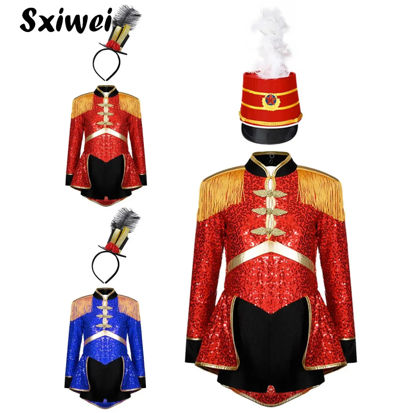 Girls Circus Magician Halloween Costume Ringmaster Lion Tamer Outfits Sequins Drummer Marching Band Jumpsuit Skirt with Hat Set