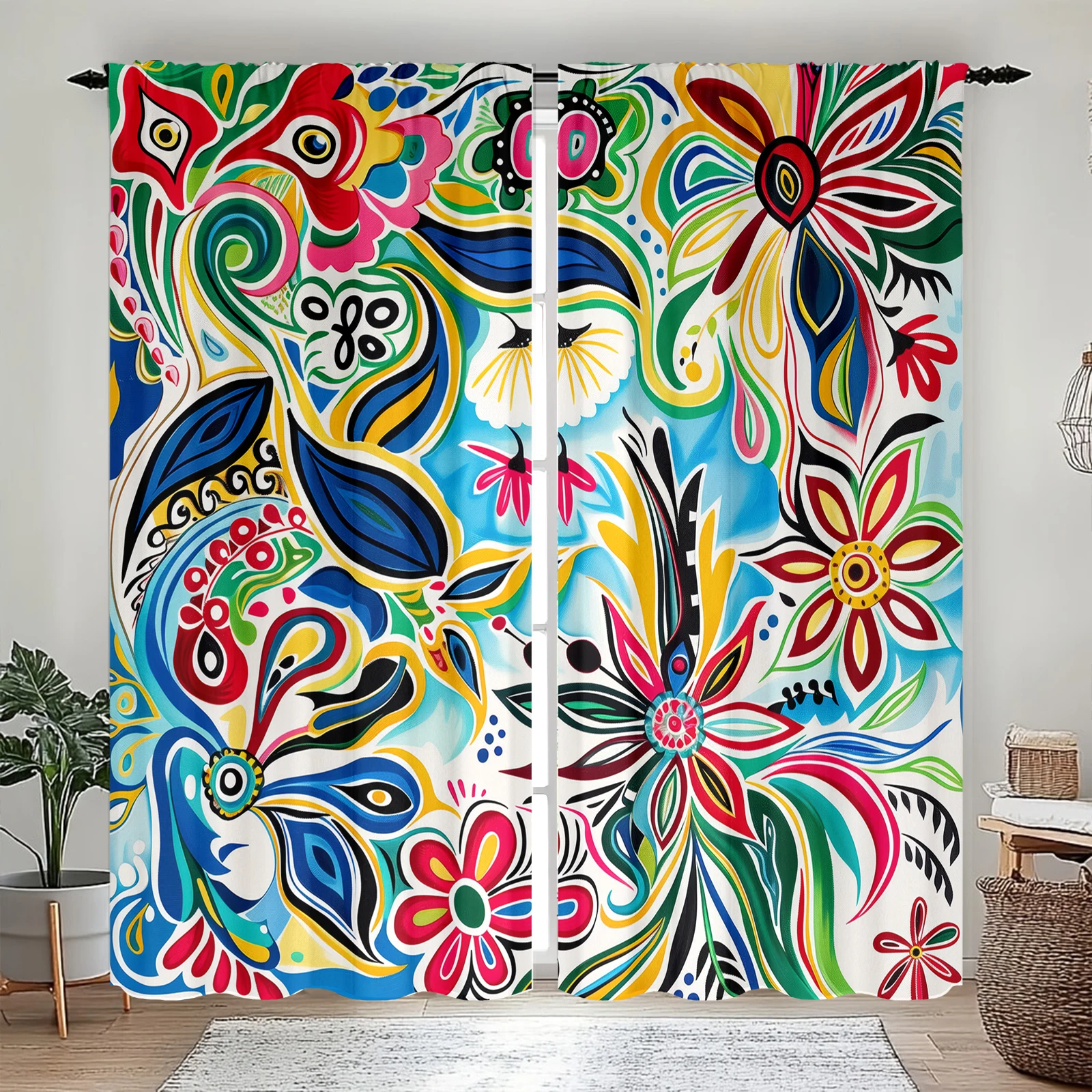 2 pieces of colorful flower pattern printed curtains, bedroom and living room, home decoration, room decoration