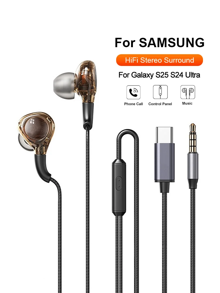 Écouteurs filaires HiFi basse stéréo écouteur Type C 3.5mm avec Microphone casque pour Samsung Galaxy S24 S23 S22 S21 A54 A53 Ultra
