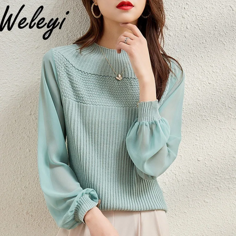 

Korean Fashion Knitted Wool Sweater Lantern Sleeve Splicing Sweater Women's Striped Autumn and Winter Bottoming Shirt Loose Tops