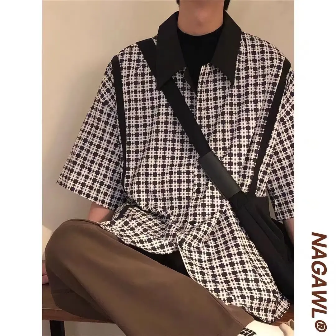 

Loose Fit Plaid ort Sve irt Casual Faionable Japanese Sle ex Spring Autumn Wear Breathable Polyester Fiber