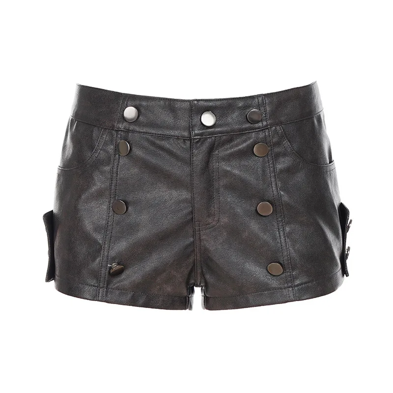 

American Retro PU Leather Shorts For Women Summer Casual Fashionable Street Style Spicy Girl Low Waist Button Design Hot Pants