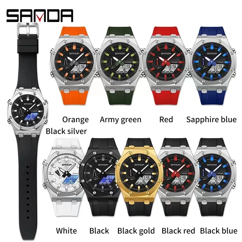 Sanda 3309 Hot Sale New Model Analog Digital Movement Luminous Dial Outdoor Sports Waterproof Alarm Mode  Men Wrist Stop Watch