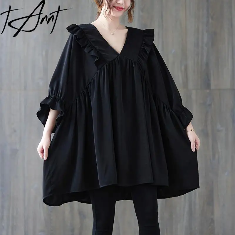 

Tannt Women Blouse 2024 Summer V Neck Batwing Sleeve Black White Female Shirt Fashion All Match Loose Casual Long Ladies Tops