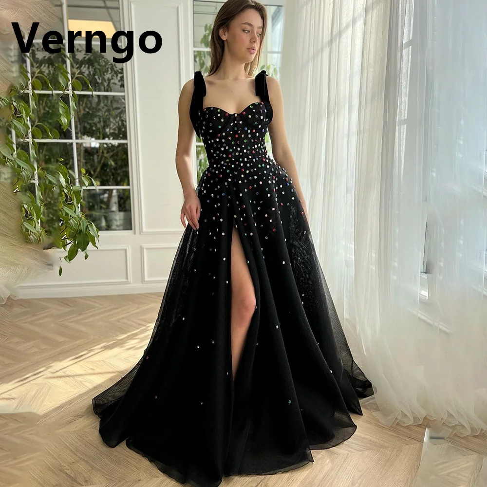 

Verngo Crystal Spaghetti Straps Sleeveless Long Graduation Dress Sweetheart Bone Birthday Dresses Side Slit Evening Party Dresse