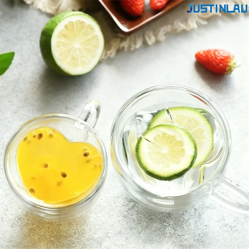 Heart Love Shape Glass Cup Double Wall Coffee Mug with handle Anti-scald Heart Drinking Tea Milk Juice Water cup Lover Gift