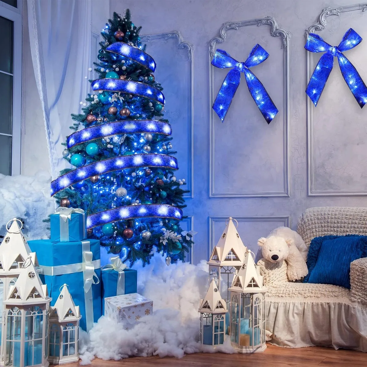 LED Christmas Tree Ribbon Light | 32ft 100LED Gold Sparkling Wave Design | Battery Powered, No Plug | Holiday Decorations